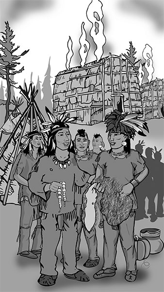 A group of Iroquoians and a group of Algonquians meet. The man on the left is holding a wampum string and the man on the right is presenting a beaver pelt.