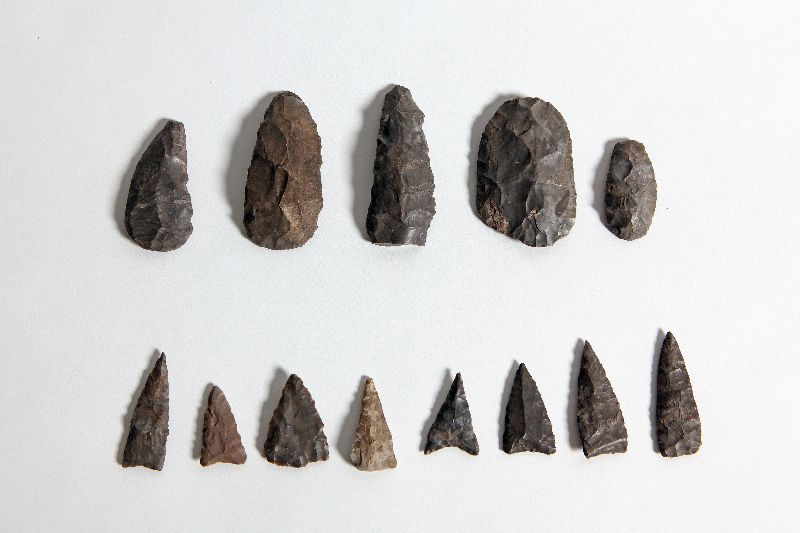 There are five flint scrapers in the top row, and eight flint porjectile points in the bottom row.